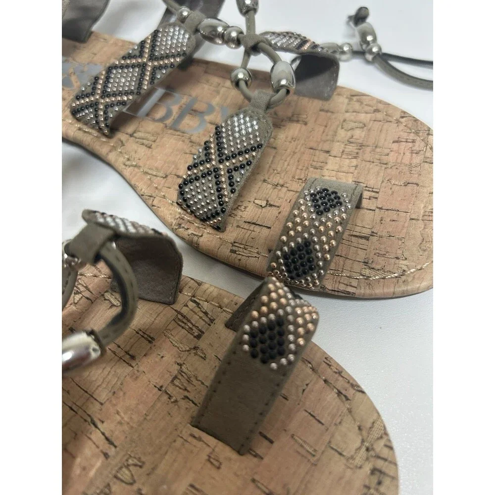 Sam & Libby Sandals Metallic Beaded Lace Up Gladiator Flats 8 Boho Western Festi